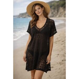 Resorts Plus Swim Cover Up 1X Black Crochet Beach Boho Resort Pool Tunic